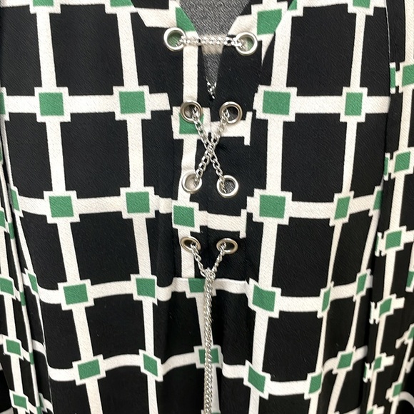 Jules & Leopold Black Green Geometric Belted Midi Dress Silver Chain Detail Sz S - Picture 9 of 14